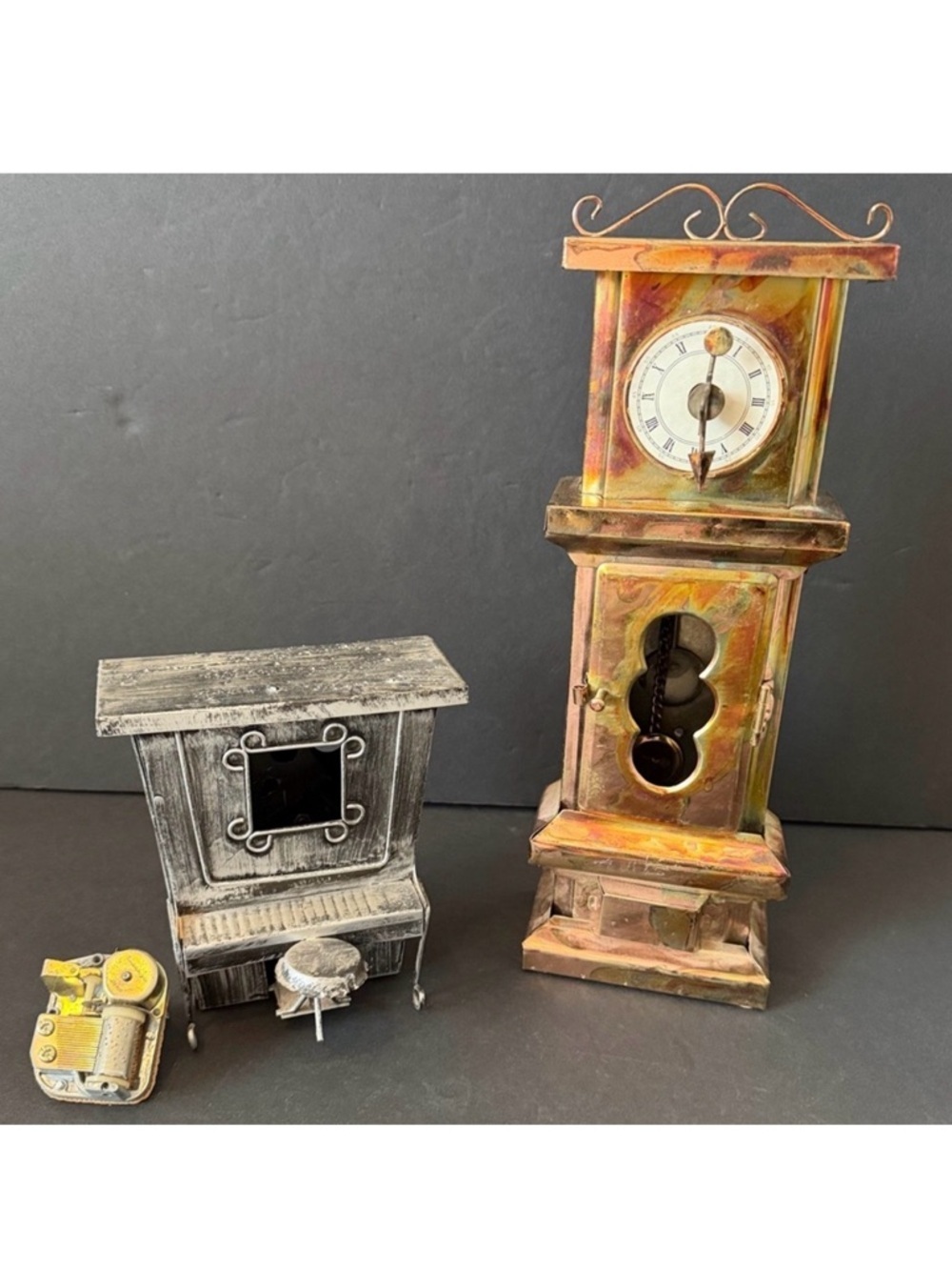 Share Berkeley Designs Metal Grandfather Clock Music Box Silver Tin Piano - READ